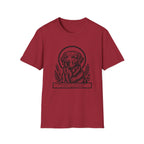 Holy Orders | Golden Retriever T-Shirt flat lay on sage green shirt featuring a stained glass style illustration of a Golden Retriever depicted as a holy figure with a golden halo and the text 'Holy Orders.'