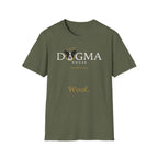 Dogma House Logo Dark T-Shirt flat lay in military green, featuring the Dogma House logo with a black-and-white dog wearing a gold halo, the text 'Praise Be To Dog,' and 'Woof.' in gold lettering.