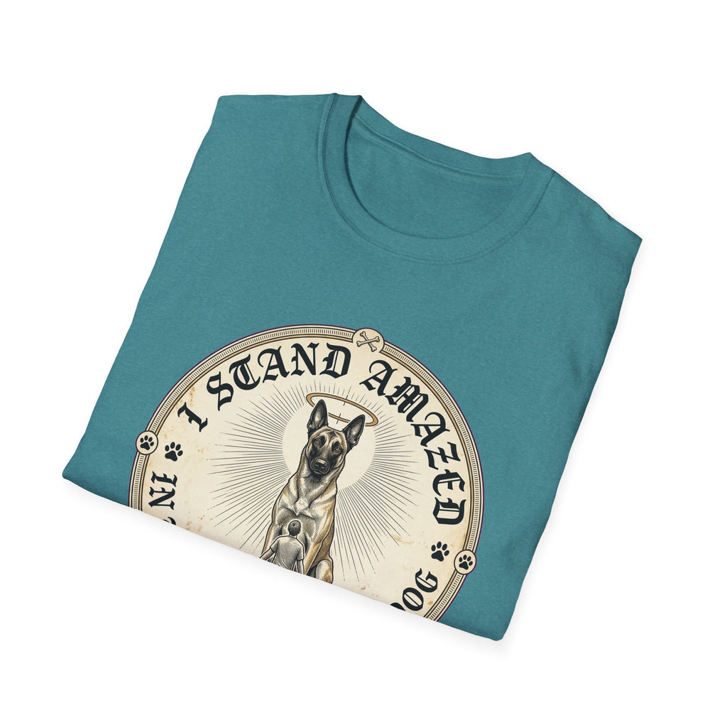 I Stand Amazed Belgian Malinois T-Shirt in heather teal, folded view showing the front graphic of the Belgian Malinois design with halo and 'I Stand Amazed' text.