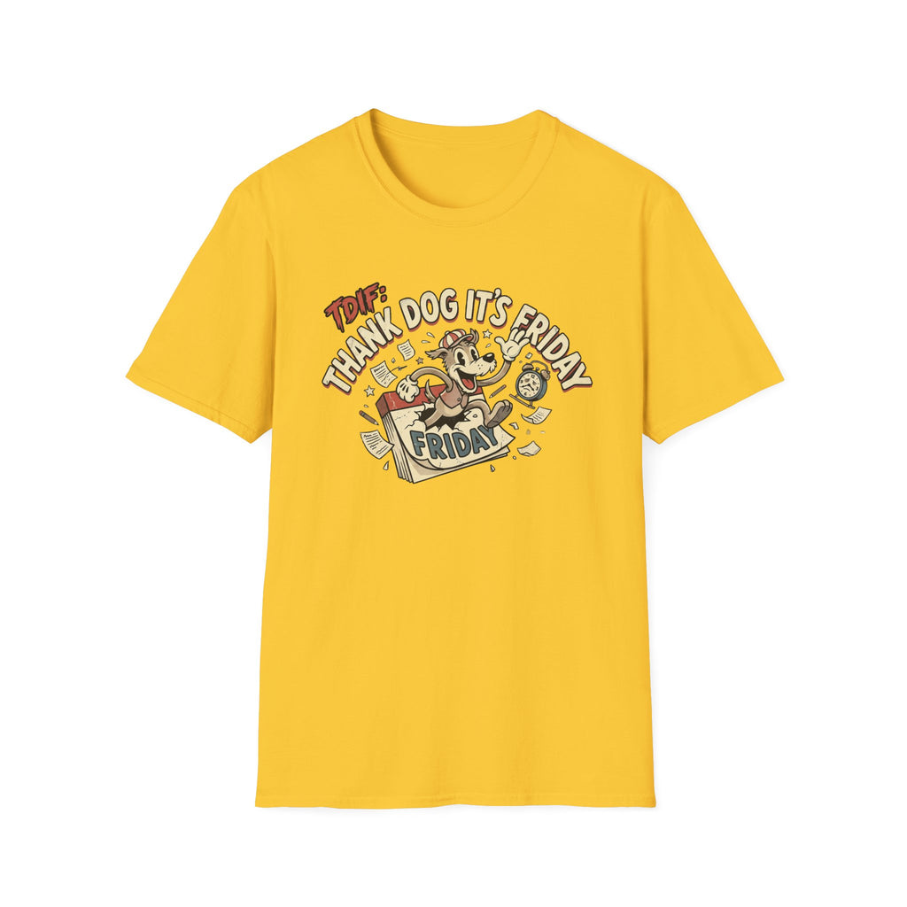 Thank Dog It's Friday T-Shirt flat lay on bright yellow shirt featuring a retro cartoon dog leaping through a Friday calendar with bold TDIF: Thank Dog It's Friday text.