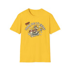 Thank Dog It's Friday T-Shirt flat lay on bright yellow shirt featuring a retro cartoon dog leaping through a Friday calendar with bold TDIF: Thank Dog It's Friday text.