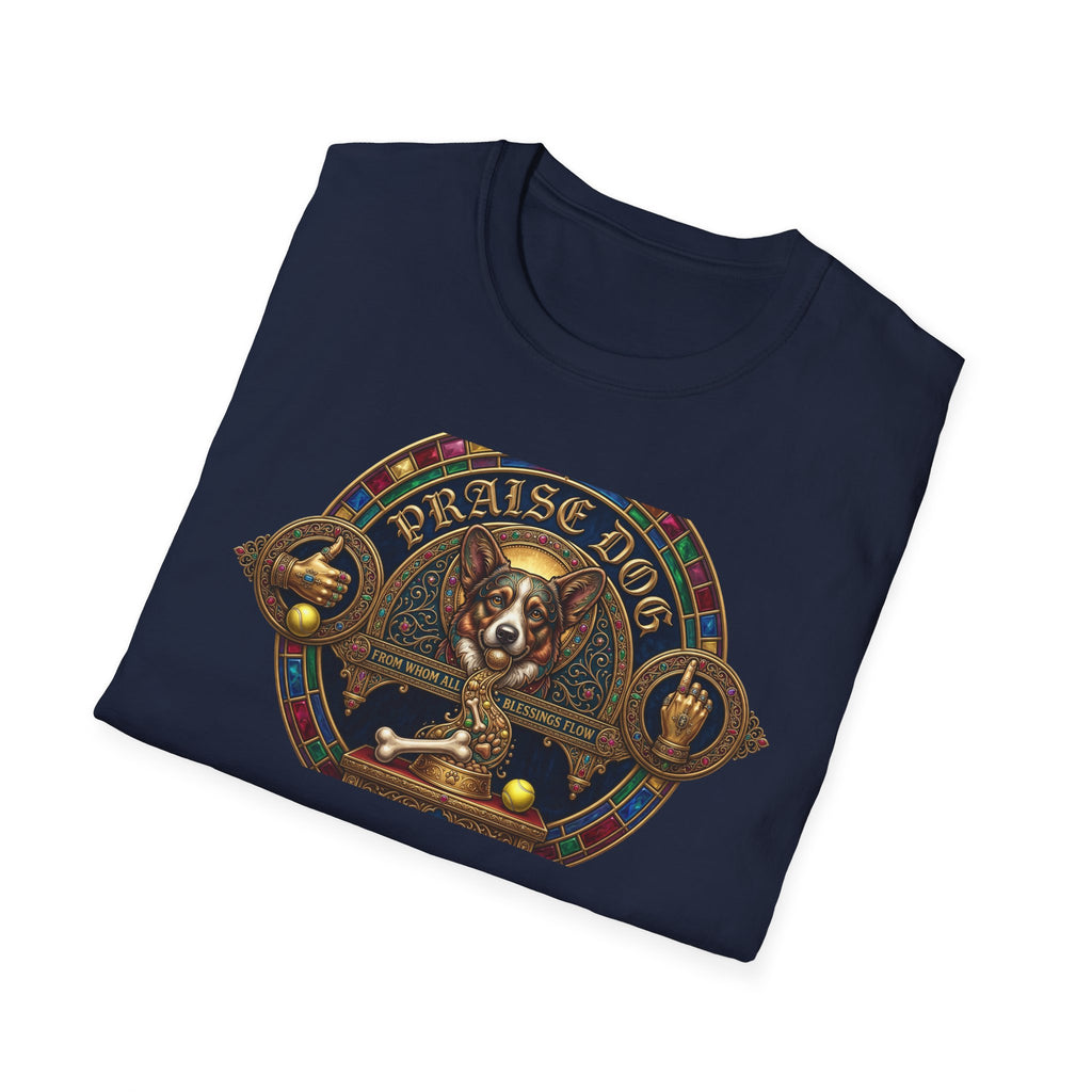 Praise Dog From Whom All Blessings Flow Corgi T-Shirt folded view in navy blue, showing the ornate stained-glass style corgi graphic with gold gothic lettering and jeweled frame.