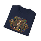 Praise Dog From Whom All Blessings Flow Corgi T-Shirt folded view in navy blue, showing the ornate stained-glass style corgi graphic with gold gothic lettering and jeweled frame.