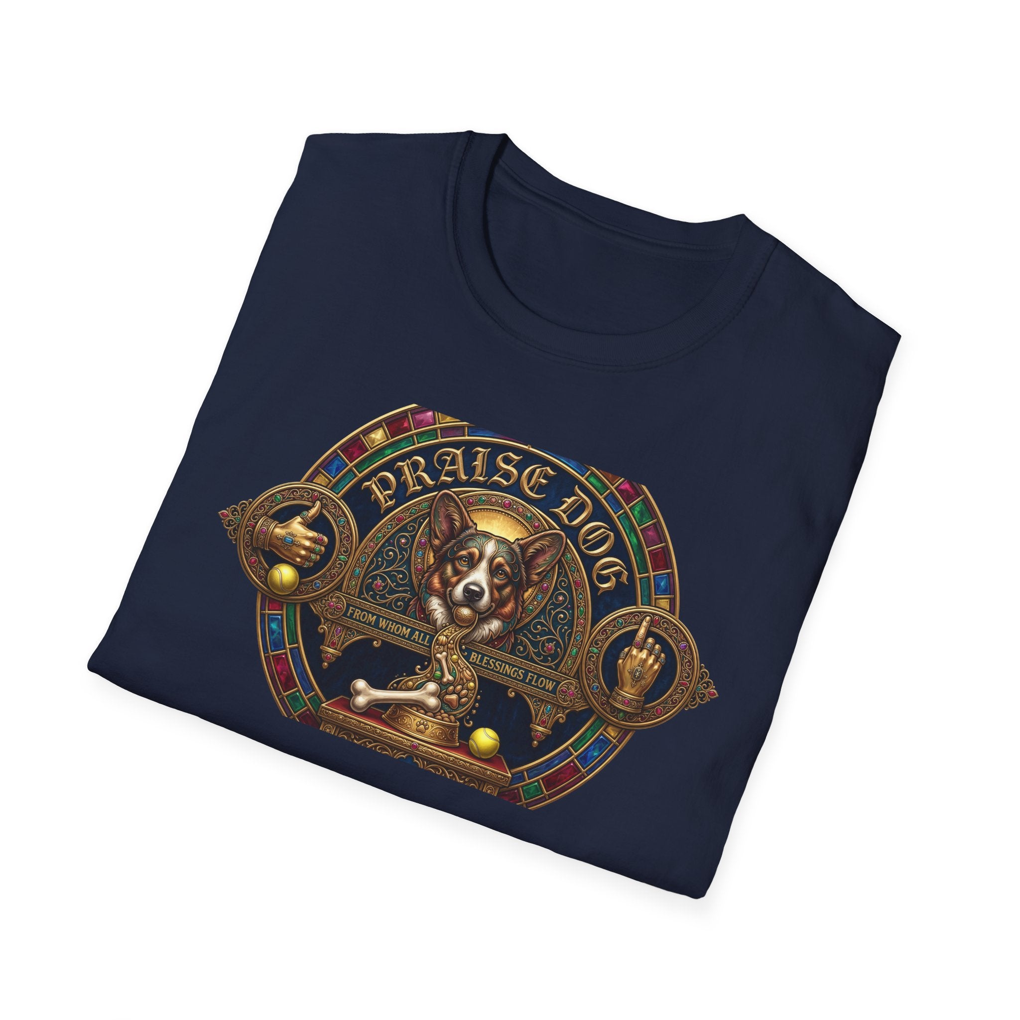 Praise Dog From Whom All Blessings Flow Corgi T-Shirt folded view in navy blue, showing the ornate stained-glass style corgi graphic with gold gothic lettering and jeweled frame.