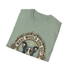 What Would Dog Do T-Shirt folded flat lay on sage green shirt showing the halo-wearing pit bull and What Would Dog Do? WWDD ornate frame design.
