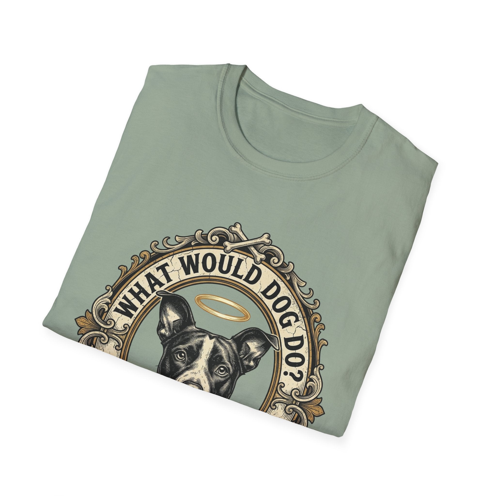 What Would Dog Do T-Shirt folded flat lay on sage green shirt showing the halo-wearing pit bull and What Would Dog Do? WWDD ornate frame design.
