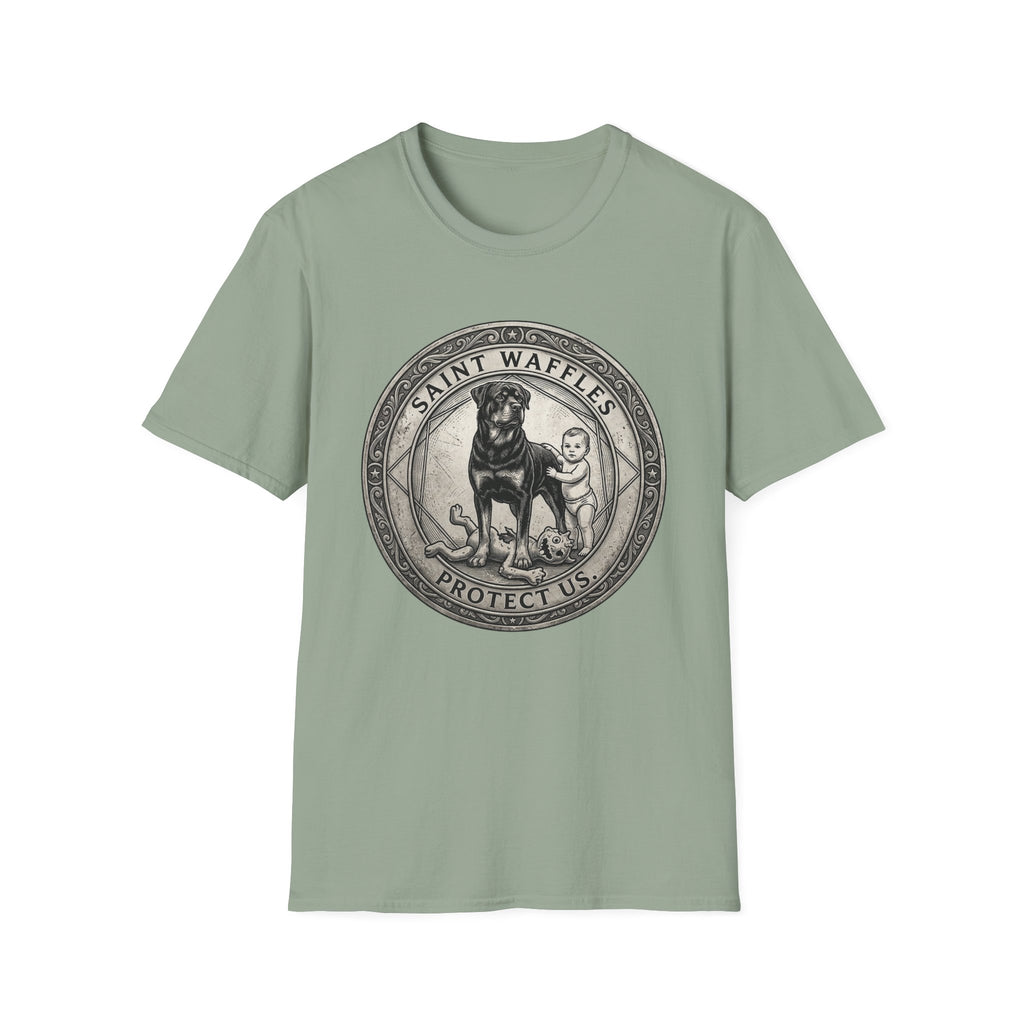 Saint Waffles Protect Us T-Shirt flat lay in sage green, featuring a vintage medallion graphic of a Rottweiler standing protectively beside a small child with the text Saint Waffles Protect Us.