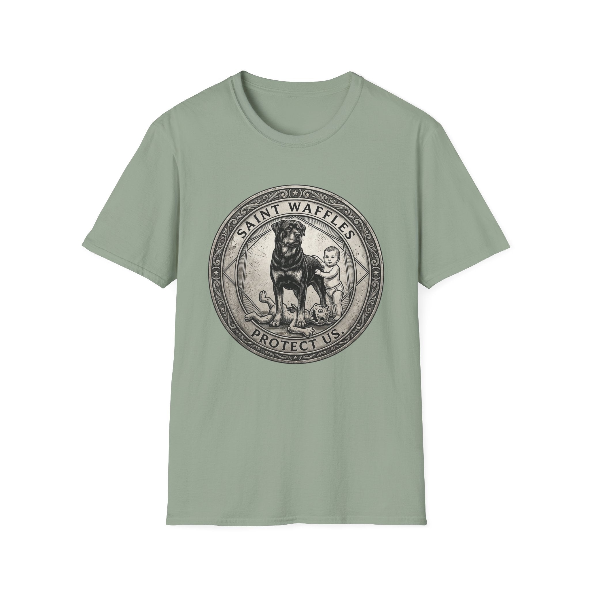 Saint Waffles Protect Us T-Shirt flat lay in sage green, featuring a vintage medallion graphic of a Rottweiler standing protectively beside a small child with the text Saint Waffles Protect Us.