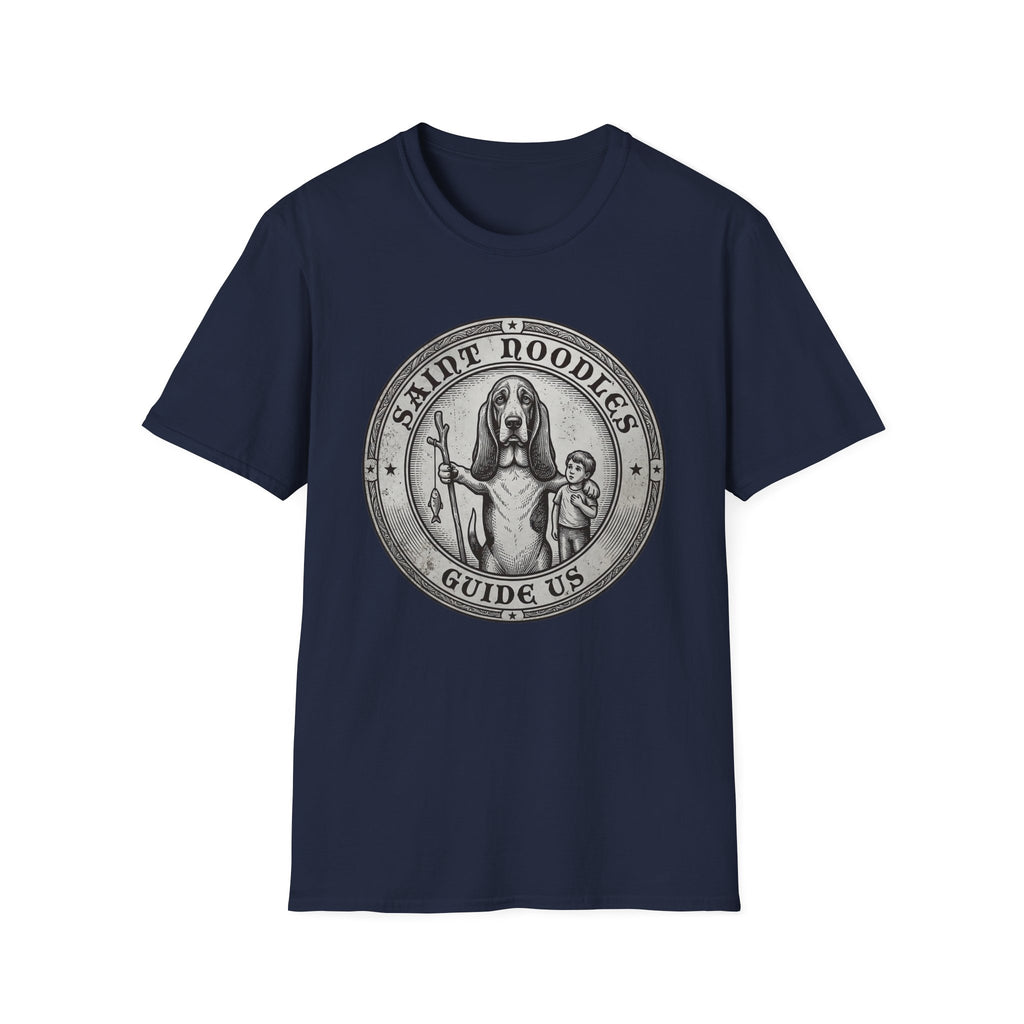 Saint Noodles Guide Us T-Shirt flat lay in navy blue, featuring a vintage medallion graphic of a basset hound standing upright holding a staff with a fish, alongside a small child, with the text 'Saint Noodles Guide Us'.