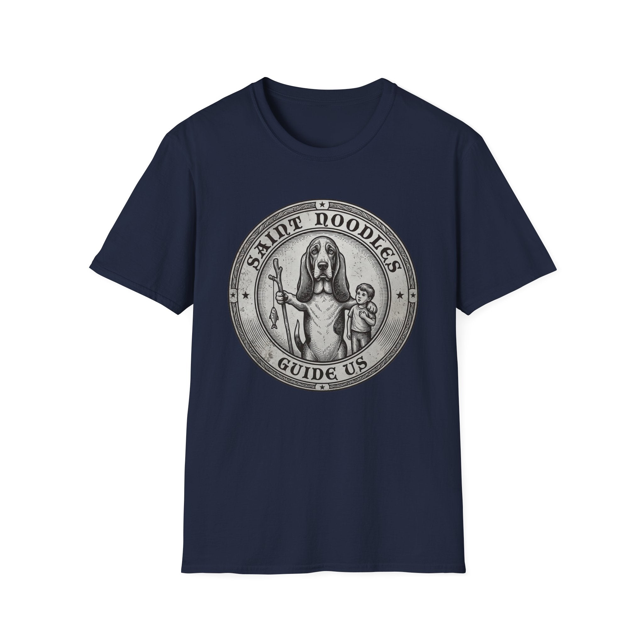 Saint Noodles Guide Us T-Shirt flat lay in navy blue, featuring a vintage medallion graphic of a basset hound standing upright holding a staff with a fish, alongside a small child, with the text 'Saint Noodles Guide Us'.