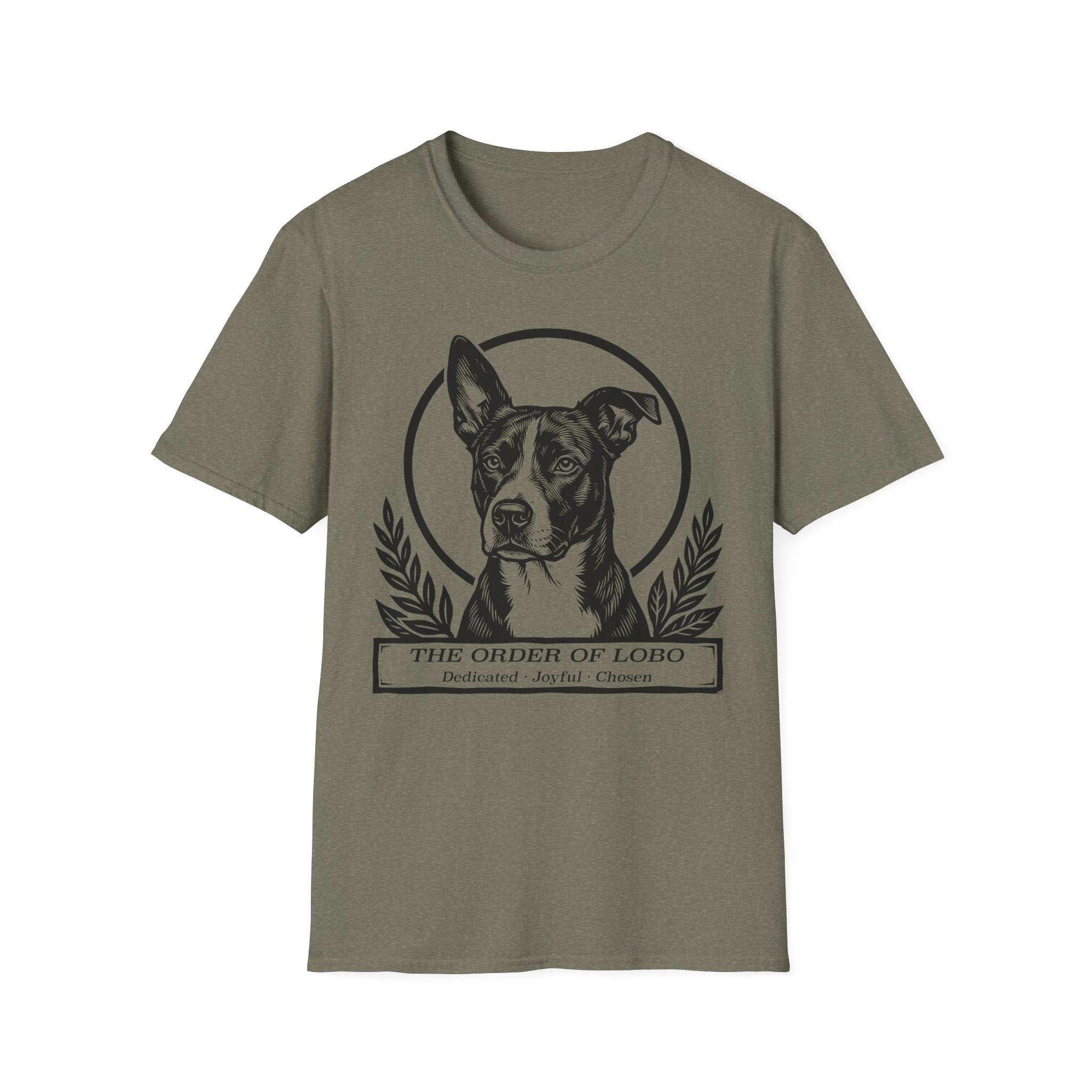 Holy Orders | Lobo T-Shirt flat lay on black shirt featuring a stained glass style illustration of Lobo, a black-coated dog with a white blaze and large upright ears, depicted as a holy figure with a golden halo and the text 'Holy Orders.'
