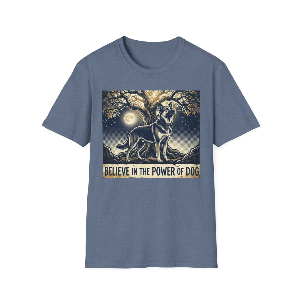 Believe in the Power of Dog German Shepherd T-shirt flat lay in heather indigo blue, featuring a vintage-style illustration of a German Shepherd standing under a moonlit tree with the text "Believe in the Power of Dog."