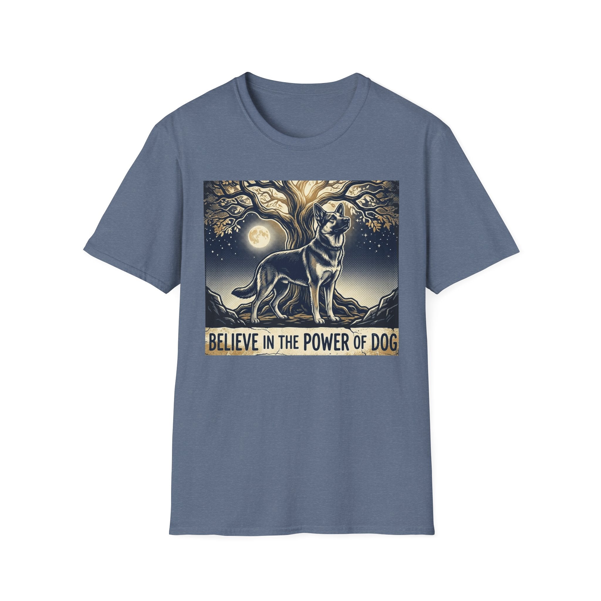 Believe in the Power of Dog German Shepherd T-shirt flat lay in heather indigo blue, featuring a vintage-style illustration of a German Shepherd standing under a moonlit tree with the text "Believe in the Power of Dog."
