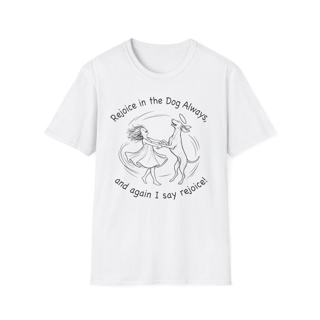 Rejoice in the Dog Vizsla T-Shirt in white, flat lay mockup showing a woman joyfully dancing with a slender Vizsla line-art illustration and the text 'Rejoice in the Dog Always, and again I say rejoice!'