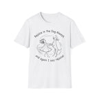 Rejoice in the Dog Vizsla T-Shirt in white, flat lay mockup showing a woman joyfully dancing with a slender Vizsla line-art illustration and the text 'Rejoice in the Dog Always, and again I say rejoice!'