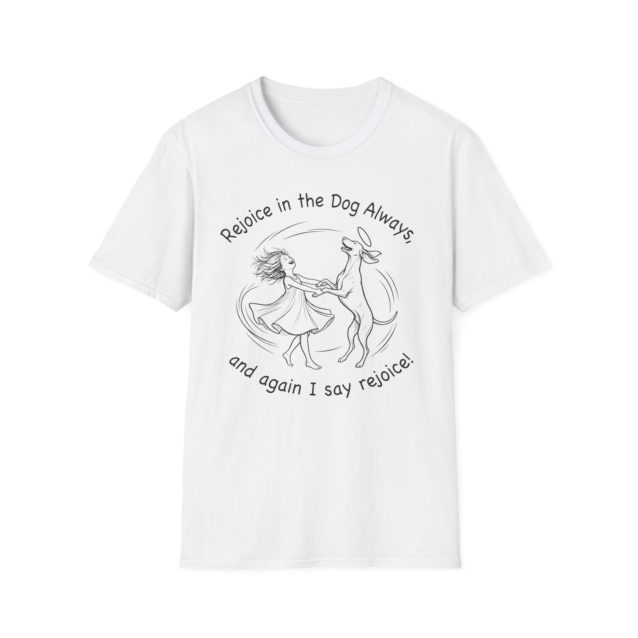 Rejoice in the Dog Vizsla T-Shirt in white, flat lay mockup showing a woman joyfully dancing with a slender Vizsla line-art illustration and the text 'Rejoice in the Dog Always, and again I say rejoice!'