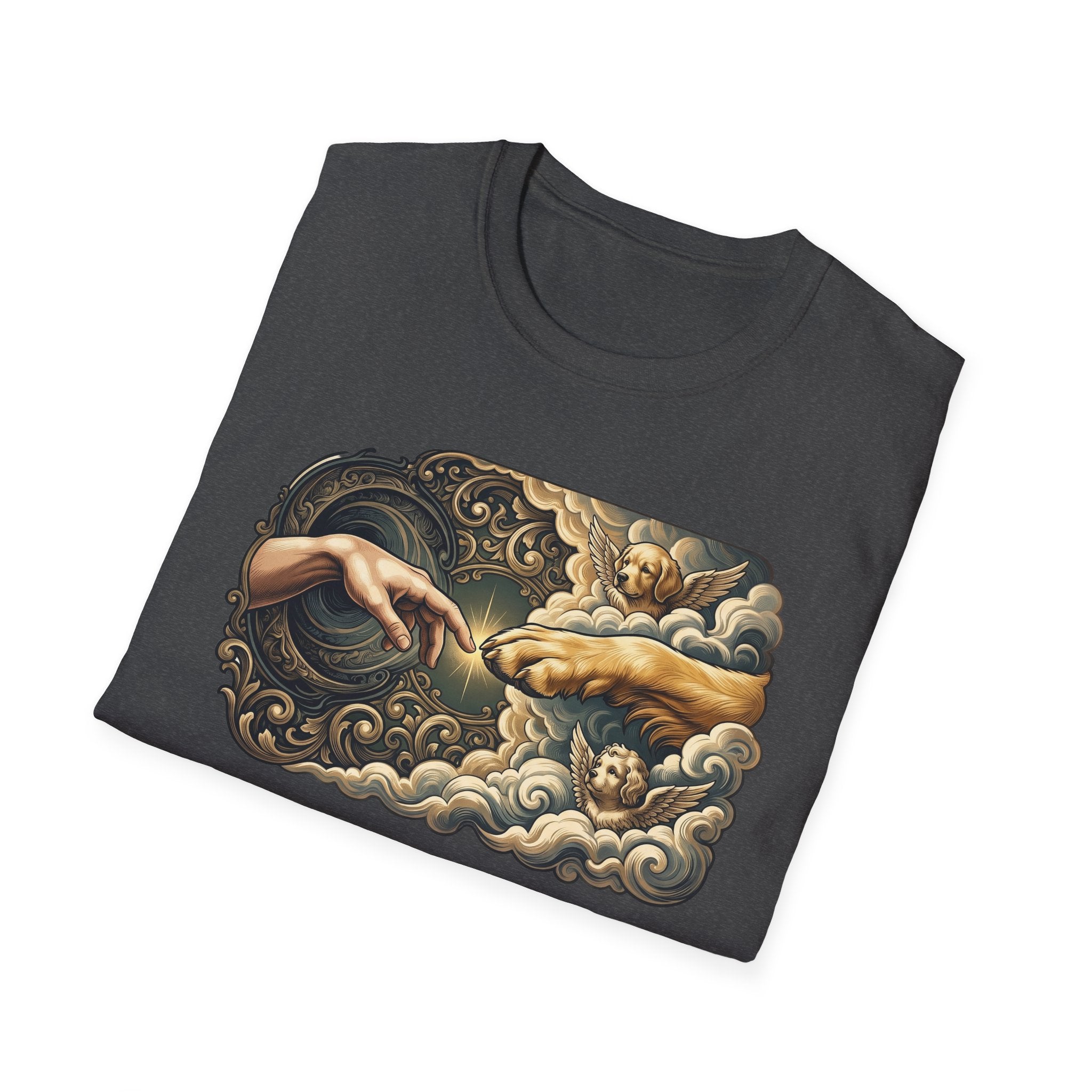 Creation of Adam T-Shirt folded flat lay in dark heather grey, showing the full baroque-framed dog parody of Michelangelo's Creation of Adam with a dog's paw meeting a human hand.