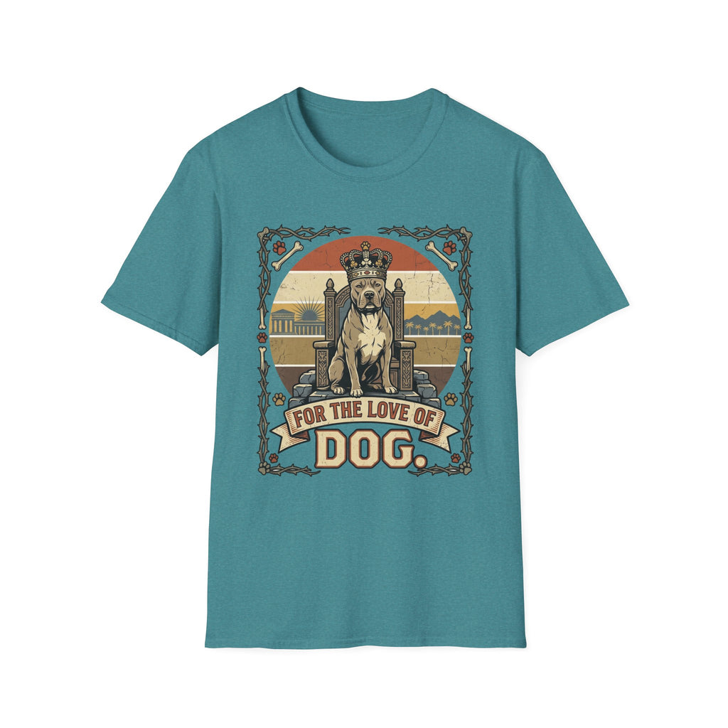 For the Love of Dog Pitbull T-Shirt flat lay on teal shirt featuring a regal pitbull seated on a throne wearing a crown, with the text 'For the Love of Dog' in a vintage ornate frame with paw prints and bones.