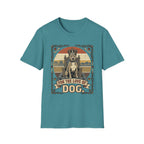 For the Love of Dog Pitbull T-Shirt flat lay on teal shirt featuring a regal pitbull seated on a throne wearing a crown, with the text 'For the Love of Dog' in a vintage ornate frame with paw prints and bones.