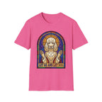 Let Go Let Dog Poodle T-Shirt, flat lay on pink tee featuring a stained-glass style poodle depicted as a spiritual figure with paws raised and the text Let Go and Let Dog.