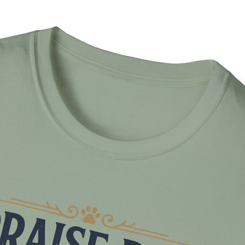 Praise Dog From Whom All Blessings Flow Golden Retriever T-Shirt close-up detail of the collar area on a sage green shirt, showing paw print and scroll accents of the Praise Dog graphic.