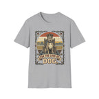 For the Love of Dog Pitbull T-Shirt flat lay on sport grey shirt featuring a regal pitbull seated on a throne wearing a crown, with the text 'For the Love of Dog' in a vintage ornate frame with paw prints and bones.