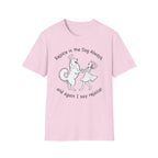 Rejoice in the Dog Samoyed T-Shirt in light pink, flat lay mockup showing a fluffy white Samoyed with a halo dancing with a woman, line-art illustration with the text 'Rejoice in the Dog Always, and again I say rejoice!'
