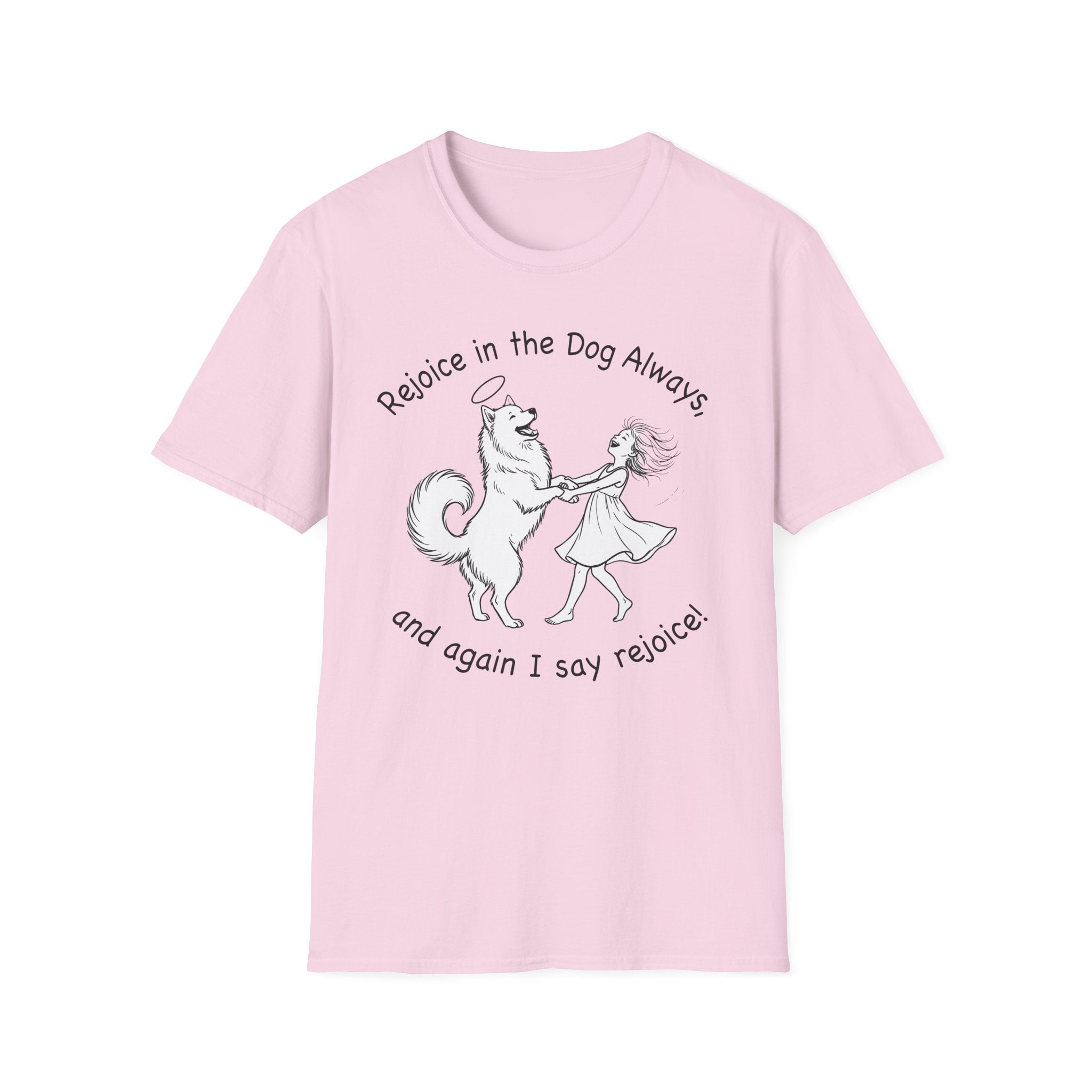 Rejoice in the Dog Samoyed T-Shirt in light pink, flat lay mockup showing a fluffy white Samoyed with a halo dancing with a woman, line-art illustration with the text 'Rejoice in the Dog Always, and again I say rejoice!'