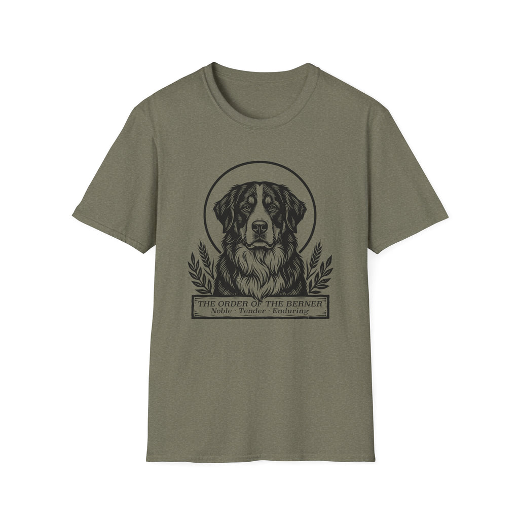 Holy Orders | Bernese Mountain Dog T-Shirt flat lay on black shirt featuring a stained glass style illustration of a Bernese Mountain Dog depicted as a holy figure with a golden halo and the text 'Holy Orders.'