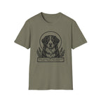 Holy Orders | Bernese Mountain Dog T-Shirt flat lay on black shirt featuring a stained glass style illustration of a Bernese Mountain Dog depicted as a holy figure with a golden halo and the text 'Holy Orders.'
