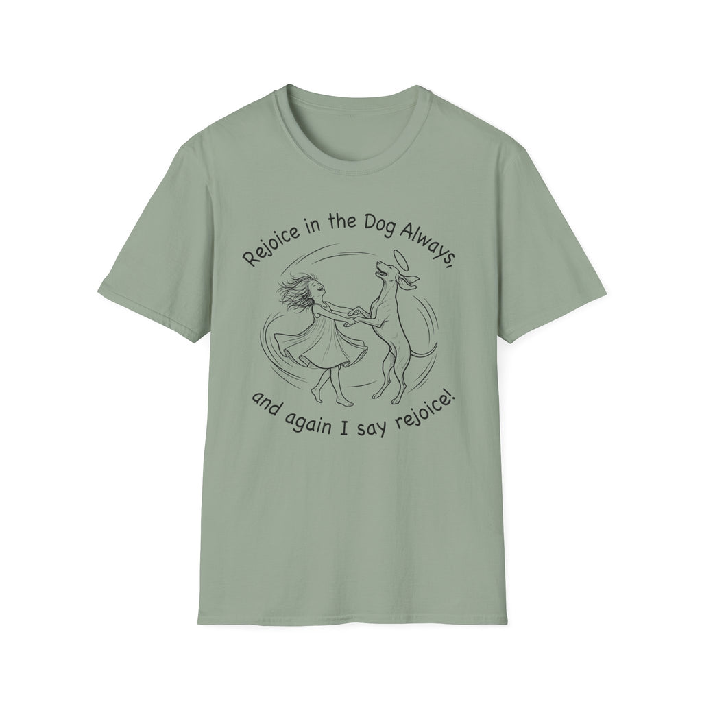 Rejoice in the Dog Vizsla T-Shirt in sage green, flat lay mockup showing a woman joyfully dancing with a slender Vizsla line-art illustration and the text 'Rejoice in the Dog Always, and again I say rejoice!'