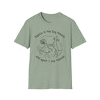 Rejoice in the Dog Vizsla T-Shirt in sage green, flat lay mockup showing a woman joyfully dancing with a slender Vizsla line-art illustration and the text 'Rejoice in the Dog Always, and again I say rejoice!'