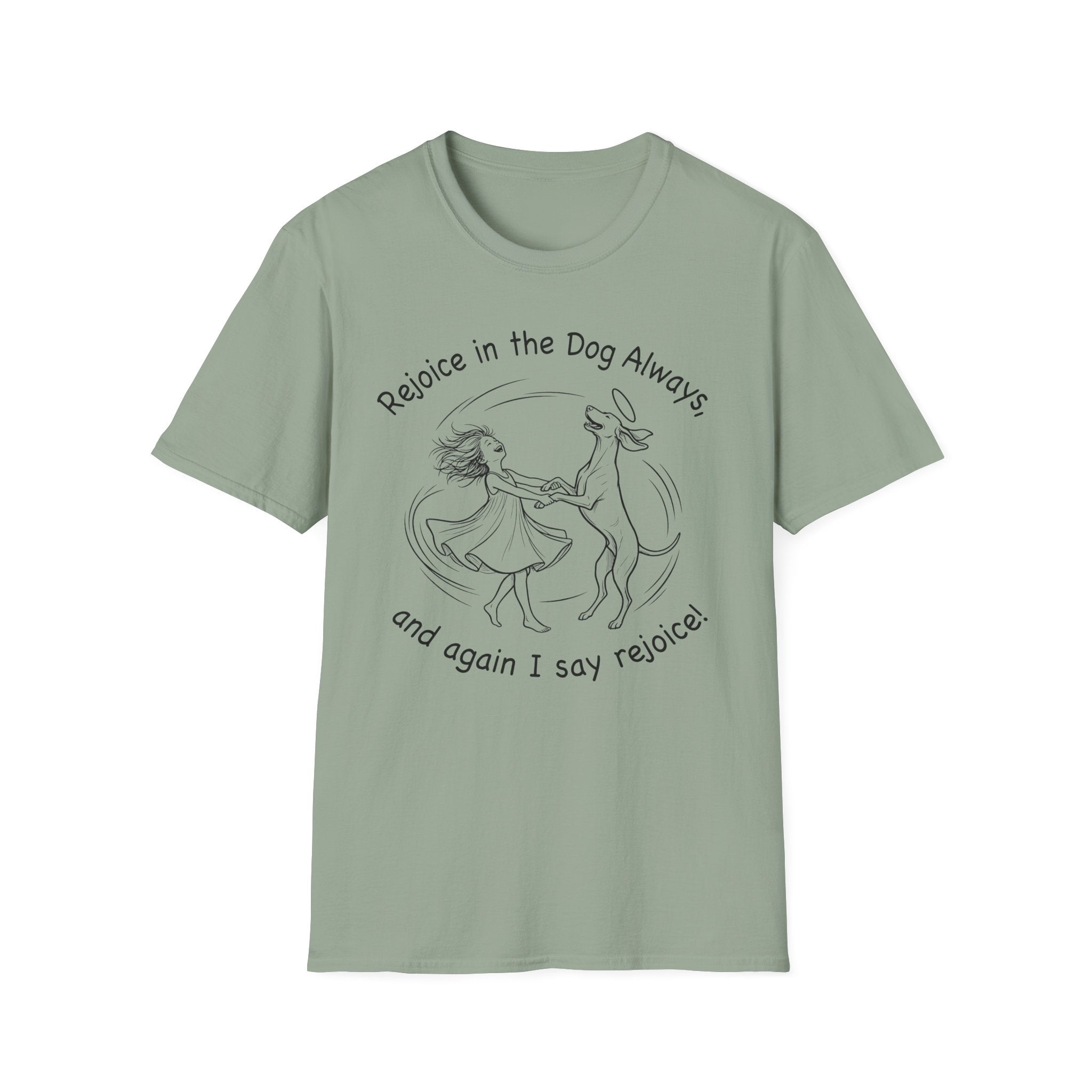 Rejoice in the Dog Vizsla T-Shirt in sage green, flat lay mockup showing a woman joyfully dancing with a slender Vizsla line-art illustration and the text 'Rejoice in the Dog Always, and again I say rejoice!'