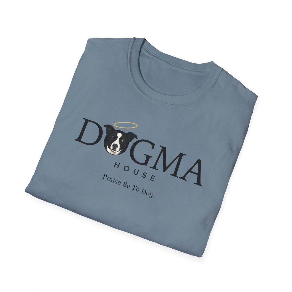 Dogma House Logo Light T-Shirt folded view in slate blue, showing the Dogma House brand name with border collie face logo and "Praise Be To Dog." tagline.