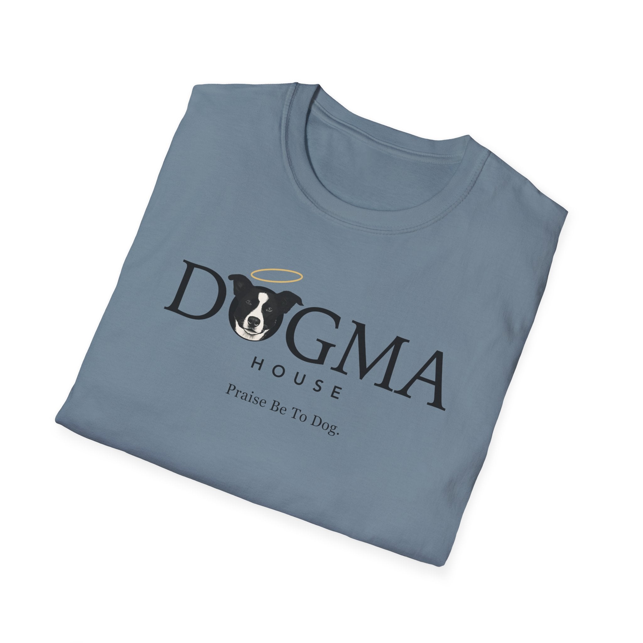 Dogma House Logo Light T-Shirt folded view in slate blue, showing the Dogma House brand name with border collie face logo and "Praise Be To Dog." tagline.
