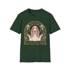 Let Go Let Dog Basset Hound T-Shirt in forest green, flat lay, featuring an Art Nouveau-style oval frame with floral motifs and a serene basset hound raising both paws with the text 'Let Go and Let Dog'.