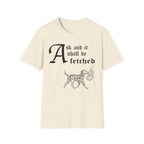 Dalmatian Ask and It Shall Be Fetched T-Shirt flat lay on navy shirt featuring a Shel Silverstein-style pen-and-ink illustration of a Dalmatian proudly trotting with a burning bush and the text 'Ask and it shall be fetched.'