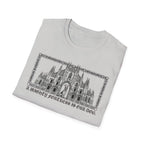A Mighty Fortress is Our Dog T-Shirt close-up detail of the collar and top of the gothic cathedral graphic on a white shirt.