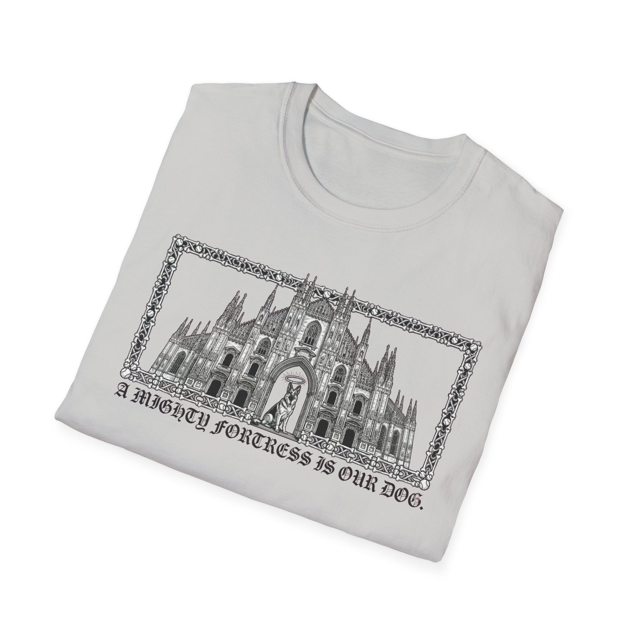 A Mighty Fortress is Our Dog T-Shirt close-up detail of the collar and top of the gothic cathedral graphic on a white shirt.