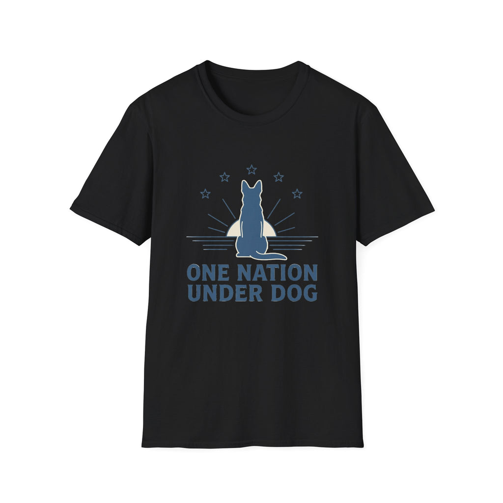 One Nation Under Dog T-Shirt flat lay in black, featuring a blue dog silhouette seated before a rising sun with rays and surrounding stars, with blue text reading 'One Nation Under Dog.'
