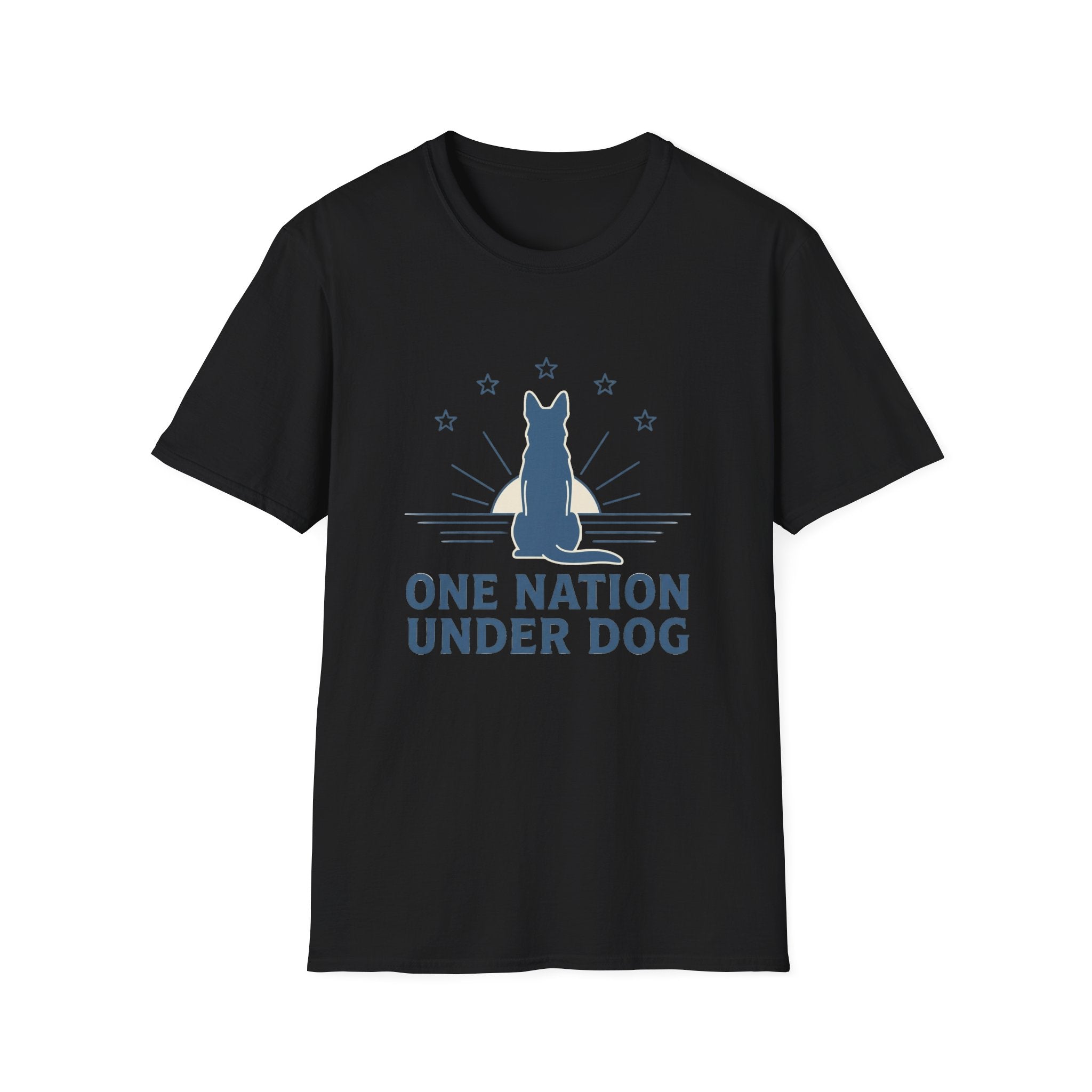 One Nation Under Dog T-Shirt flat lay in black, featuring a blue dog silhouette seated before a rising sun with rays and surrounding stars, with blue text reading 'One Nation Under Dog.'