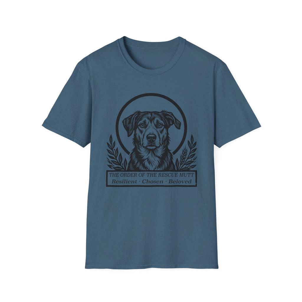 Holy Orders | Rescue Mutt T-Shirt flat lay on white shirt featuring a stained glass style illustration of a Rescue Mutt depicted as a holy figure with a golden halo and the text 'Holy Orders.'