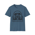 Holy Orders | Rescue Mutt T-Shirt flat lay on white shirt featuring a stained glass style illustration of a Rescue Mutt depicted as a holy figure with a golden halo and the text 'Holy Orders.'
