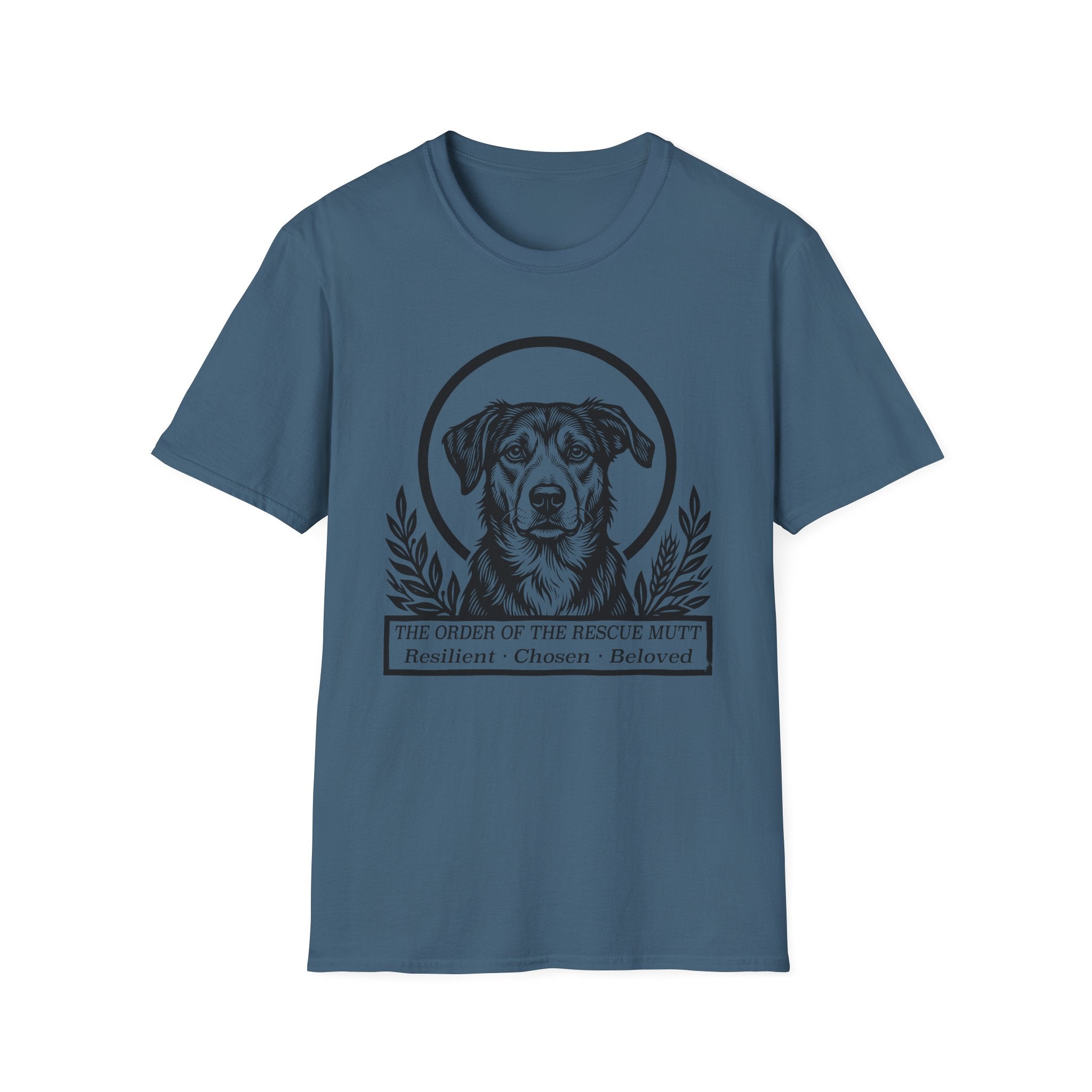 Holy Orders | Rescue Mutt T-Shirt flat lay on white shirt featuring a stained glass style illustration of a Rescue Mutt depicted as a holy figure with a golden halo and the text 'Holy Orders.'