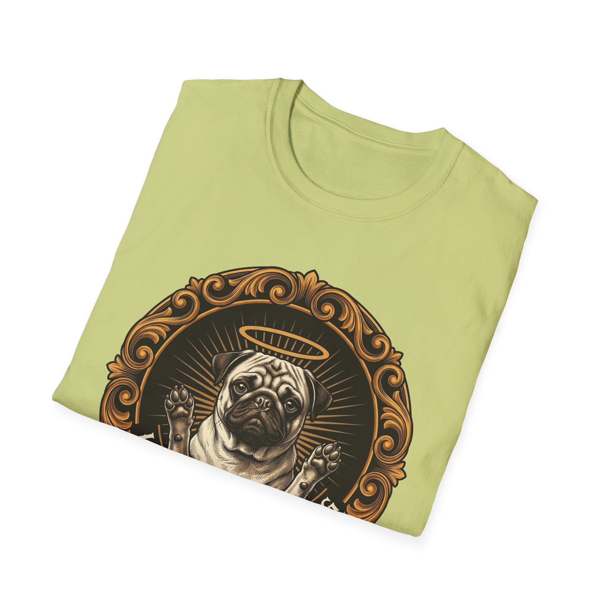 Let Go Let Dog Pug T-Shirt folded view on sage green, showing the front graphic of the halo-wearing pug in an ornate gold medallion.