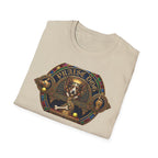 Praise Dog From Whom All Blessings Flow Corgi T-Shirt folded view in natural tan, showing the ornate stained-glass style corgi graphic with gold gothic lettering and jeweled frame.