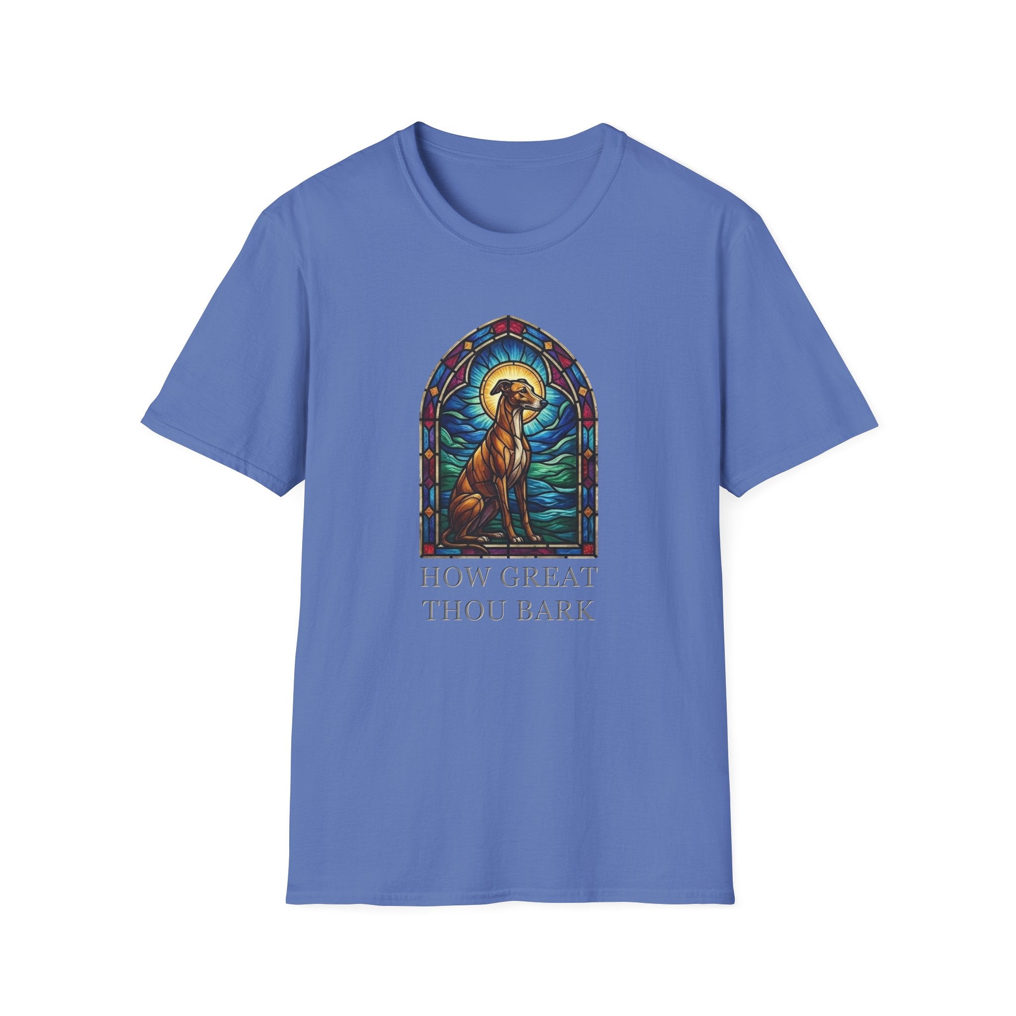 How Great Thou Bark Sight Hound T-shirt flat lay, heather blue shirt featuring a stained-glass style arched window graphic of a seated sight hound dog with a halo and the text 'How Great Thou Bark.'