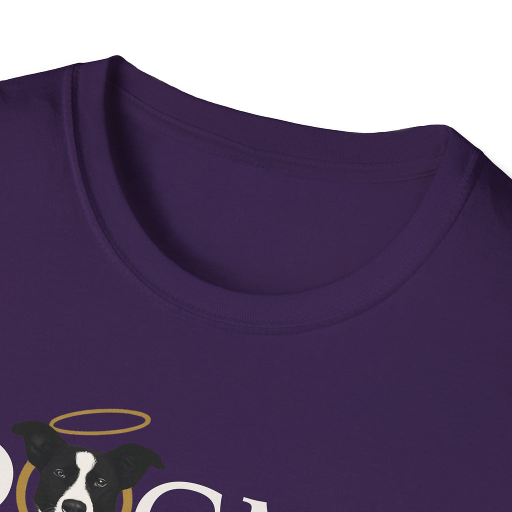Dogma House Logo Dark T-Shirt close-up detail on purple, showing the upper chest area with the halo-wearing black-and-white dog forming the letter O in the Dogma House logo.