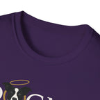 Dogma House Logo Dark T-Shirt close-up detail on purple, showing the upper chest area with the halo-wearing black-and-white dog forming the letter O in the Dogma House logo.