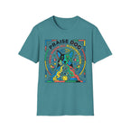 Praise Dog From Whom All Blessings Flow Geometric T-Shirt flat lay in teal, featuring a bold pop-art style graphic of a colorful geometric dog with a halo, surrounded by stars, thumbs up, and dog toy icons in vivid primary colors.